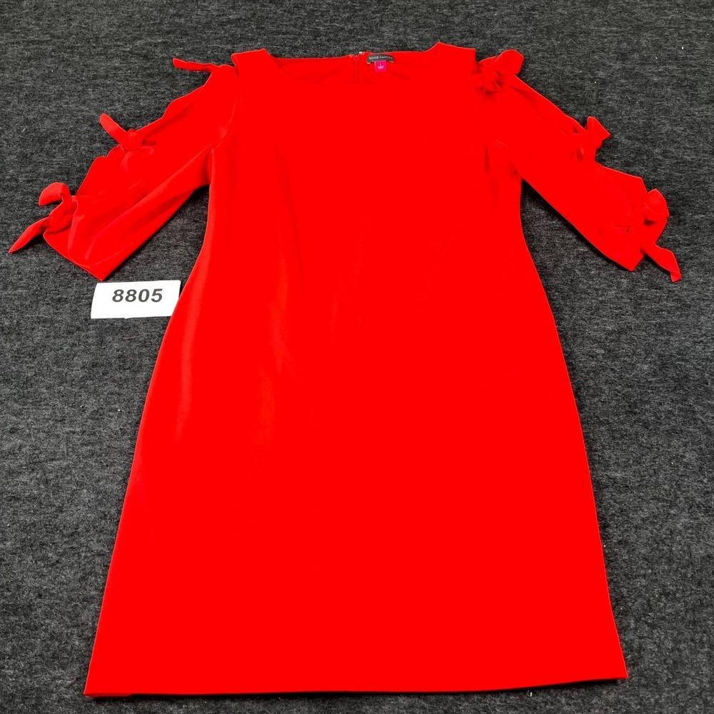 Vince Camuto Sheath Dress Womens Large Red Bow Tie Sleeve Boat Neck Back Zip